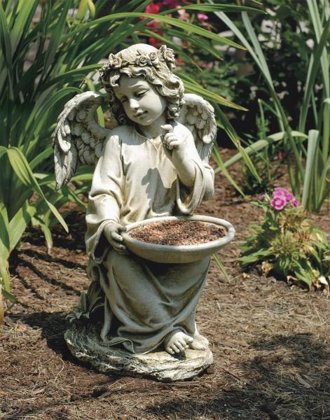 Sitting Garden Angel Holding Bird Feeder Statue 14.5 Inches