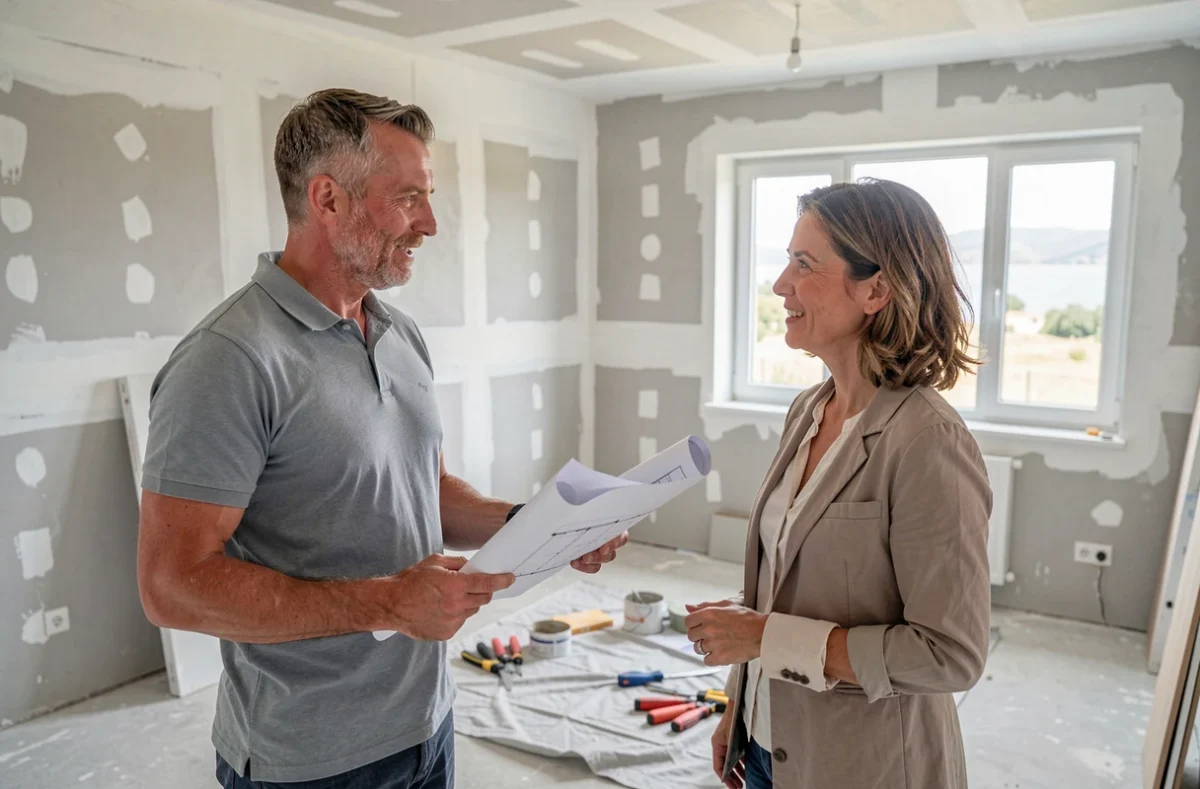 Entrepreneur en rénovation d'ACMO consultant avec une cliente dans un appartement en cours de rénovation dans les Pyrénées-Atlantiques