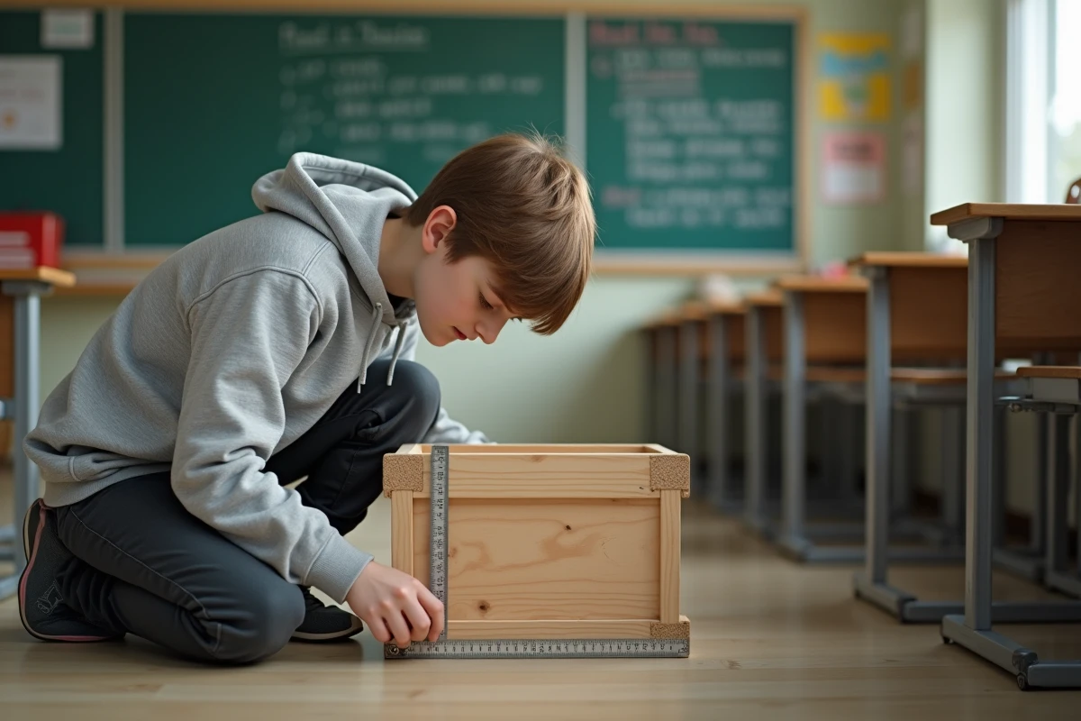 Ado mesurant un caisson en classe avec une règle en métal