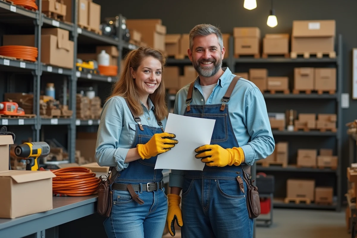 Couple consultant un contrat de location d'outils dans une agence de matériel de bricolage