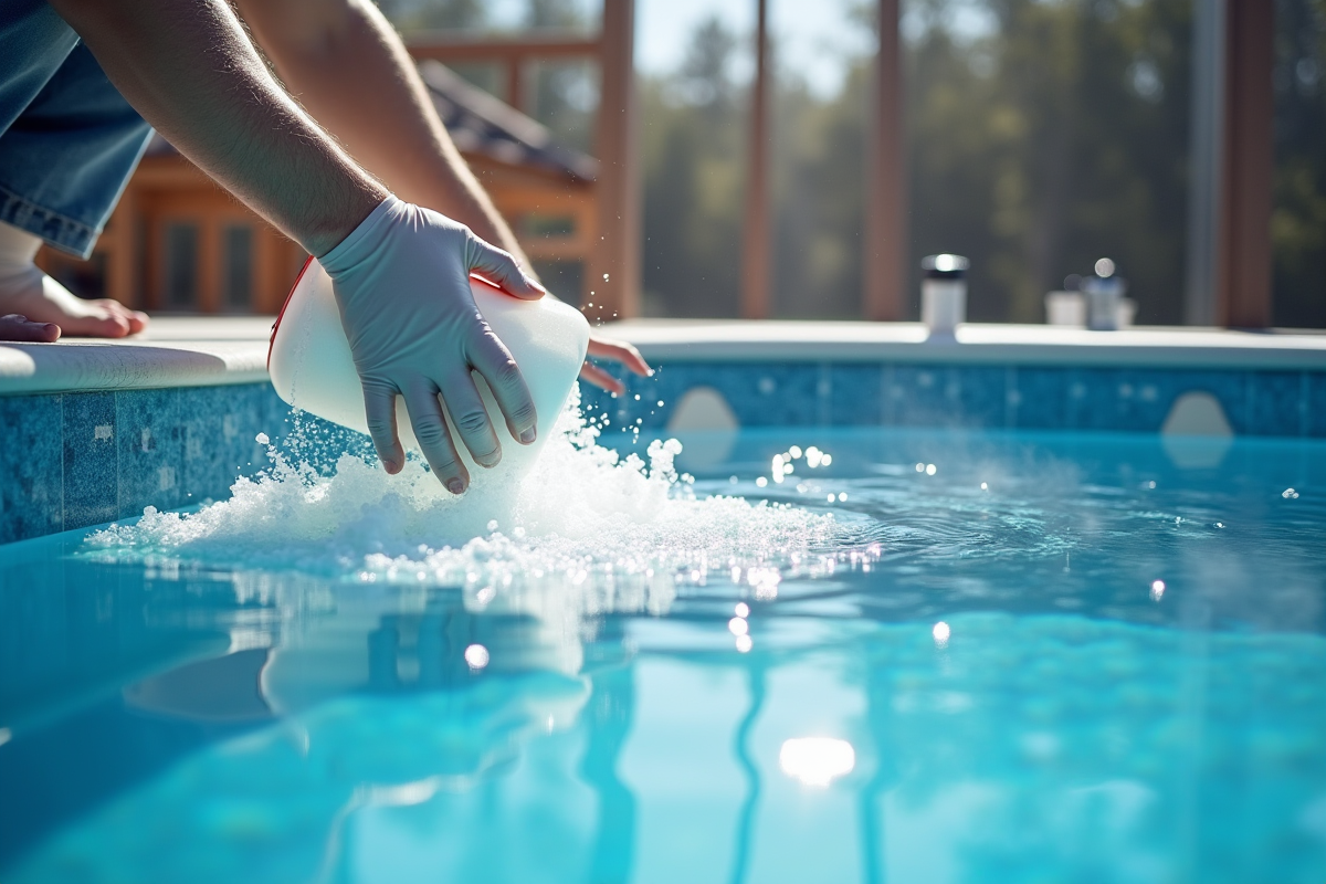 Mains ajoutant des produits d hiver dans une piscine propre