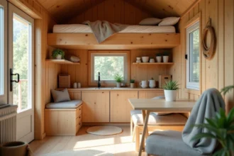 Intérieur aménagé d'un chalet en bois de 20m2 avec coin cuisine, lit mezzanine et espace bureau bien optimisé
