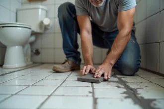 Artisan appliquant un joint époxy sur un ancien joint de carrelage de sol en salle de bain avec une spatule en caoutchouc