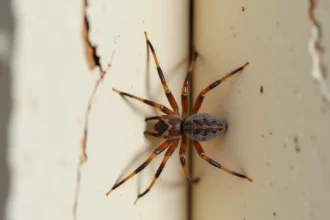 Araignée domestique Tegenaria domestica sur un mur en plâtre d'un appartement français, vue macro détaillée