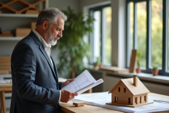 Architecte homme avec plans et maquette de maison