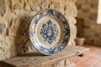 Assiette ancienne de Moustiers-Sainte-Marie en faïence bleue et blanche avec décor grotesque et motifs floraux sur étagère en chêne provençal