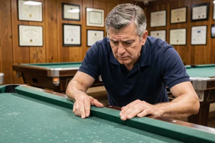 Expert examinant les détails d'une table de billard Chevillotte pour authentifier sa fabrication dans un showroom haut de gamme