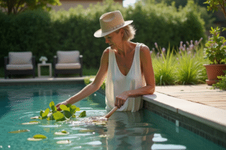 Femme d'âge moyen dans une piscine naturelle entourée de verdure