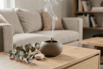 Brûleur de bakhour en céramique sur un meuble en bois dans un intérieur scandinave minimaliste avec fumée d'encens