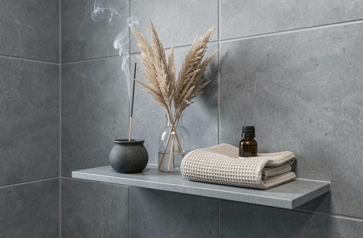 Étagère de salle de bain moderne avec brûleur d'encens bakhour en grès, herbes de pampa séchées et accessoires bien-être