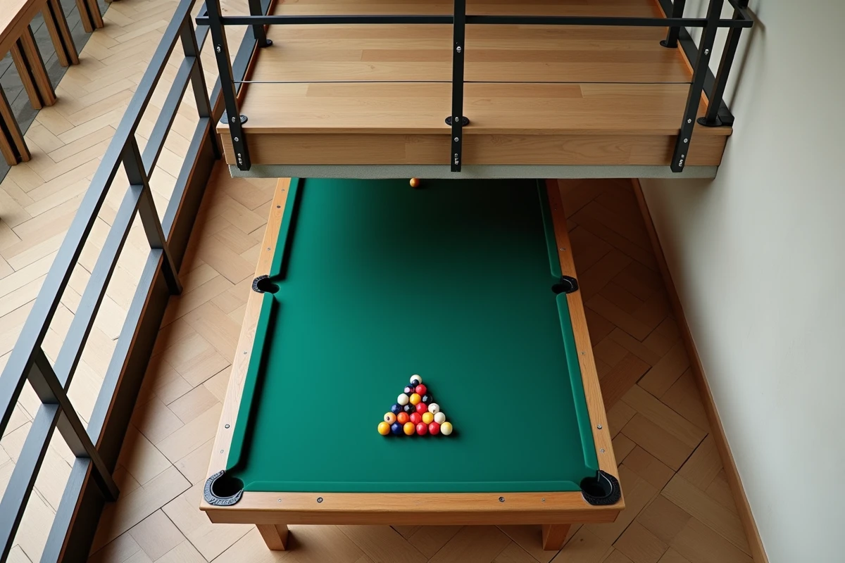 Table de billard américain sous une mezzanine en acier et bois dans un loft moderne