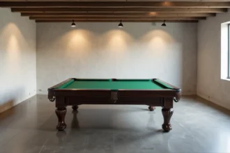 Billard américain dans un sous-sol aménagé avec espace de jeu optimal et murs en béton blanc