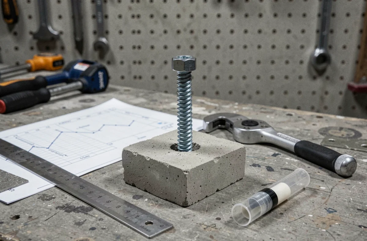 Gros plan sur un boulon d'ancrage chimique installé dans du béton avec des outils de calcul de résistance et une fiche technique sur un établi