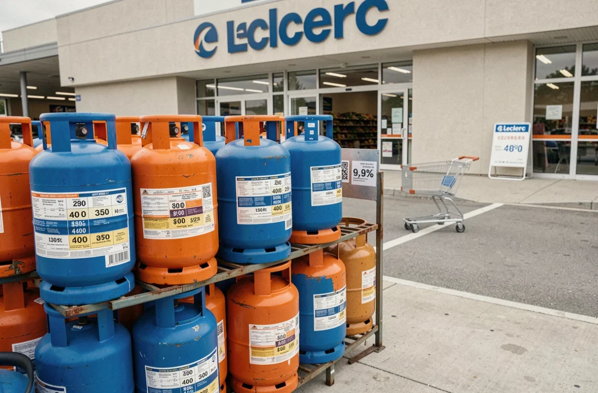 Bouteilles de gaz butane en vente devant un magasin Leclerc avec affichage des prix