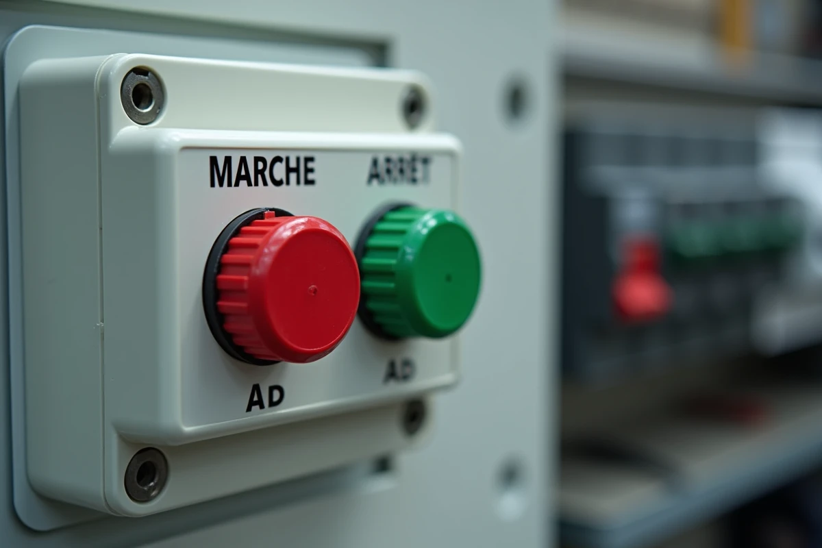 Gros plan sur des boutons poussoirs rouge et vert sur un tableau électrique avec étiquettes de sécurité