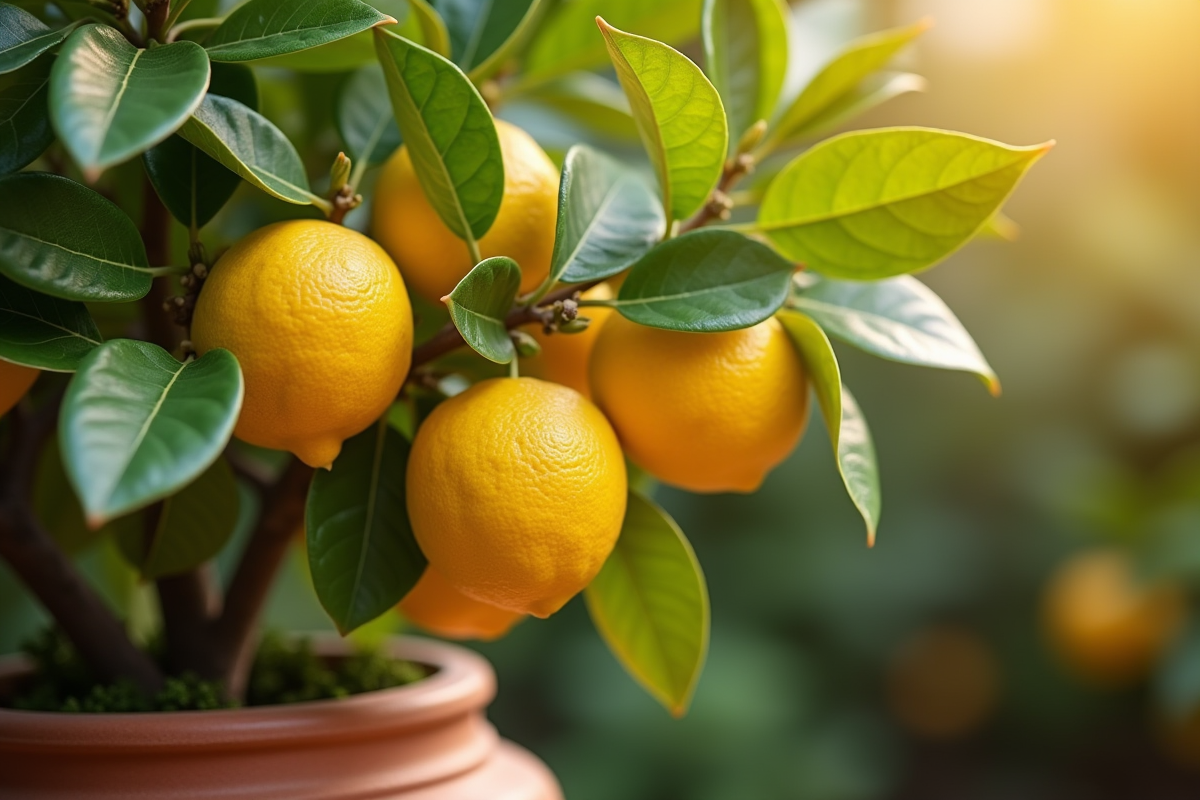 Gros plan sur une branche de citronnier avec citrons et feuilles brillantes en gros plan