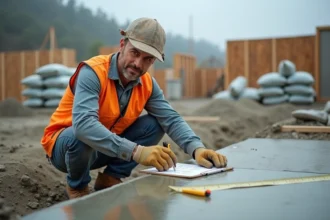 Ouvrier de chantier calculant le volume de béton en m3 avec un mètre ruban et un carnet de notes sur un chantier de construction