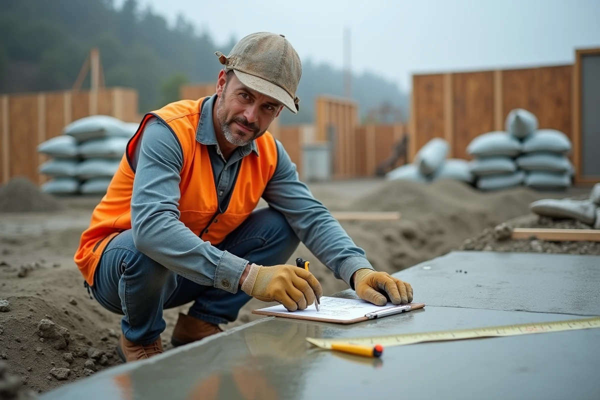 Ouvrier de chantier calculant le volume de béton en m3 avec un mètre ruban et un carnet de notes sur un chantier de construction