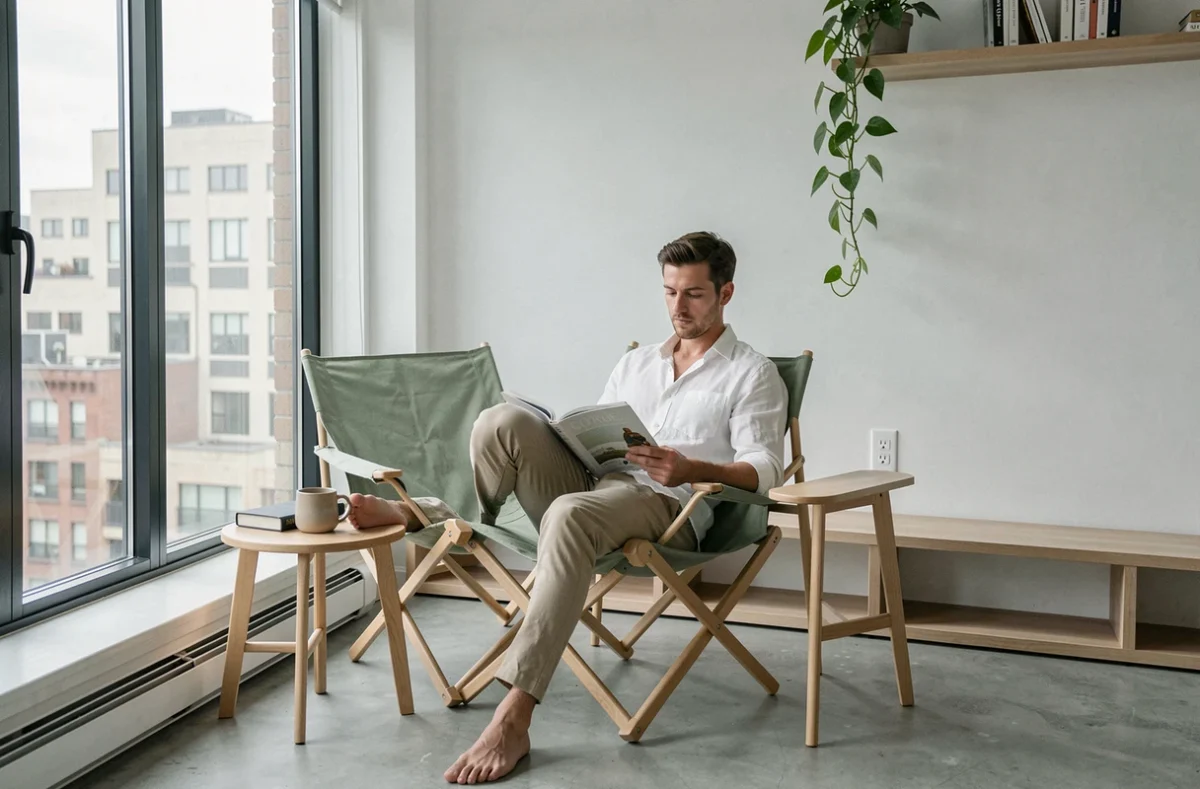 Homme assis dans un fauteuil de lecture pliant en toile vert sauge dans un studio minimaliste avec sol en béton ciré et grande fenêtre