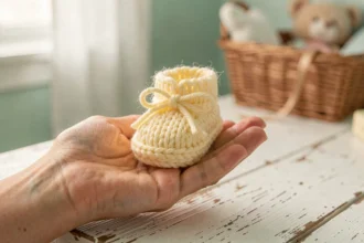 Chausson de naissance en laine Bebecolor jaune pâle tricoté à la main tenu dans des paumes adultes sur une table en bois blanc