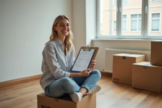 Femme consultant une checklist de déménagement sur un clipboard assise sur des cartons dans un appartement vide