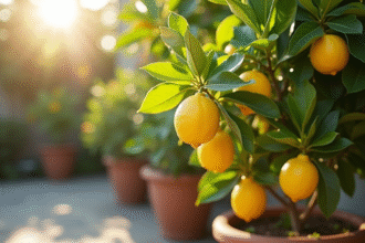Arbre citronnier en pot dans un jardin ensoleille avec feuilles vertes et citrons mûrs