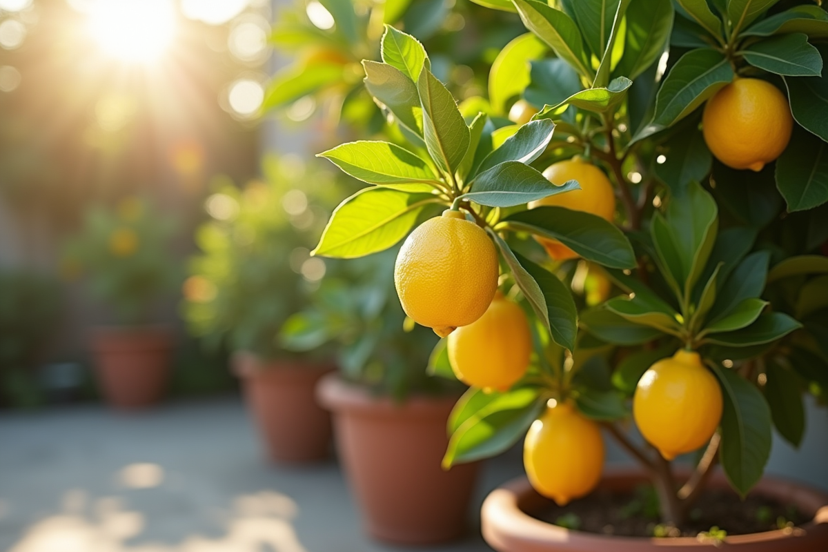 Arbre citronnier en pot dans un jardin ensoleille avec feuilles vertes et citrons mûrs