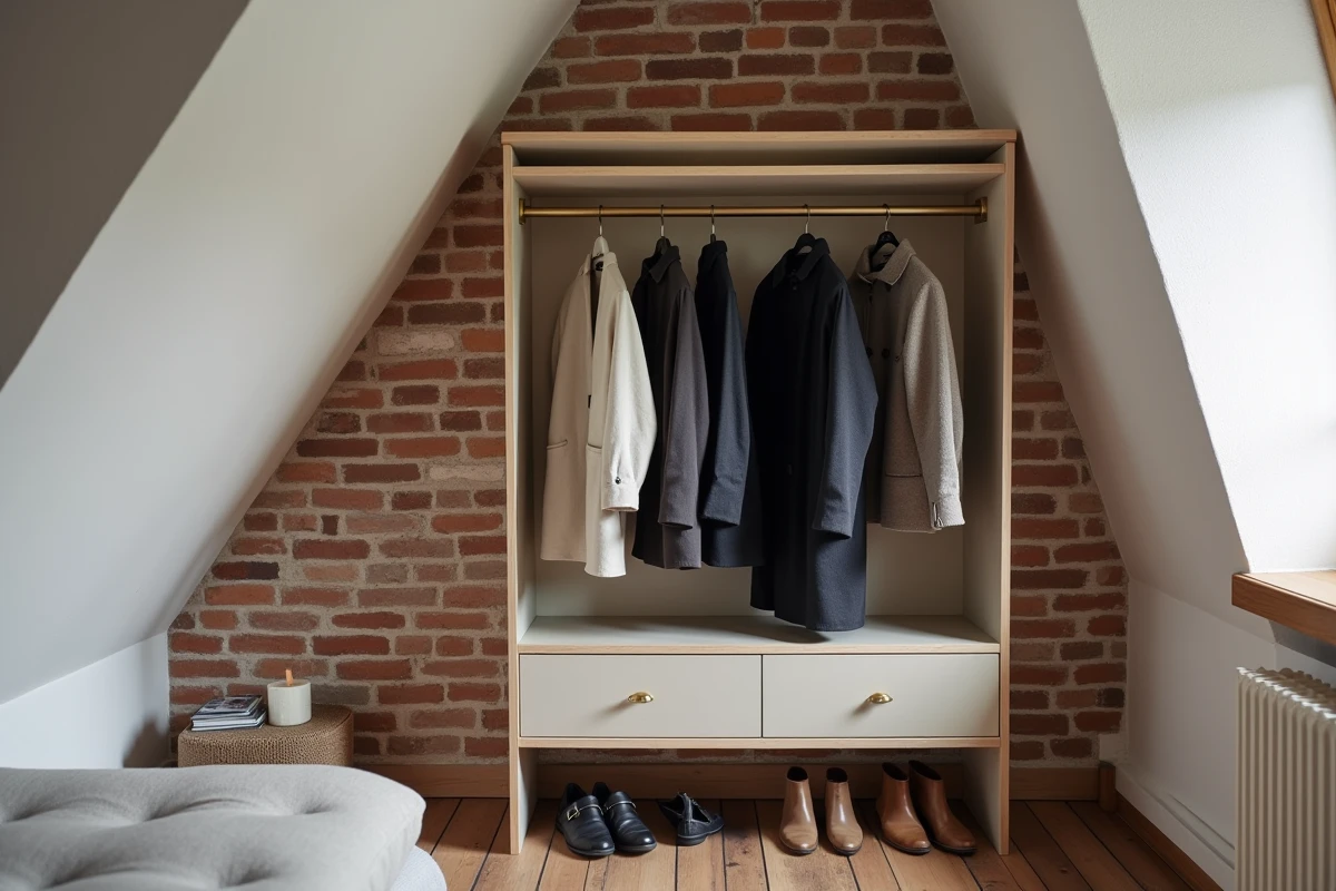 Coin dressing sur mesure sous les combles avec penderie inclinée, porte-chaussures et miroir intégré