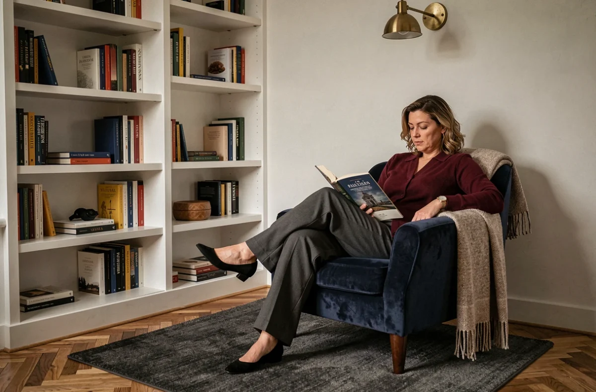Femme dans un fauteuil barrel en velours marine dans un coin lecture aménagé d'une petite chambre avec bibliothèque encastrée blanche