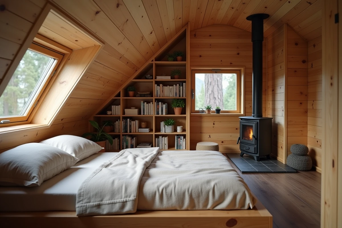 Coin nuit cosy dans un chalet bois 20m2 avec poêle à bois, lit plateforme et étagères intégrées
