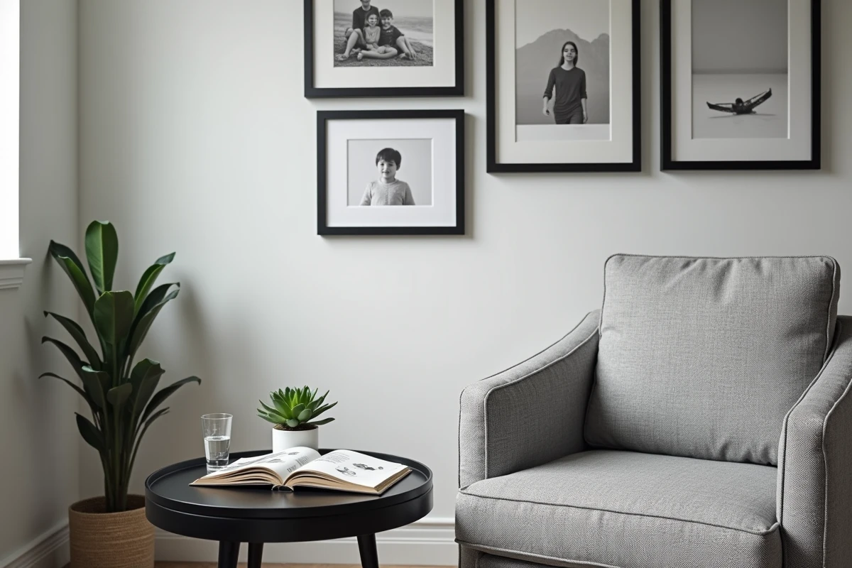 Coin salon familial en noir et blanc avec fauteuil en tissu pied-de-poule, table ronde noire et galerie de cadres, détail de décoration adaptée aux enfants