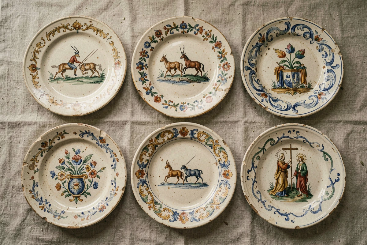Collection de six assiettes de Moustiers en faïence ancienne avec différents décors emblématiques présentées en vue aérienne sur lin froissé