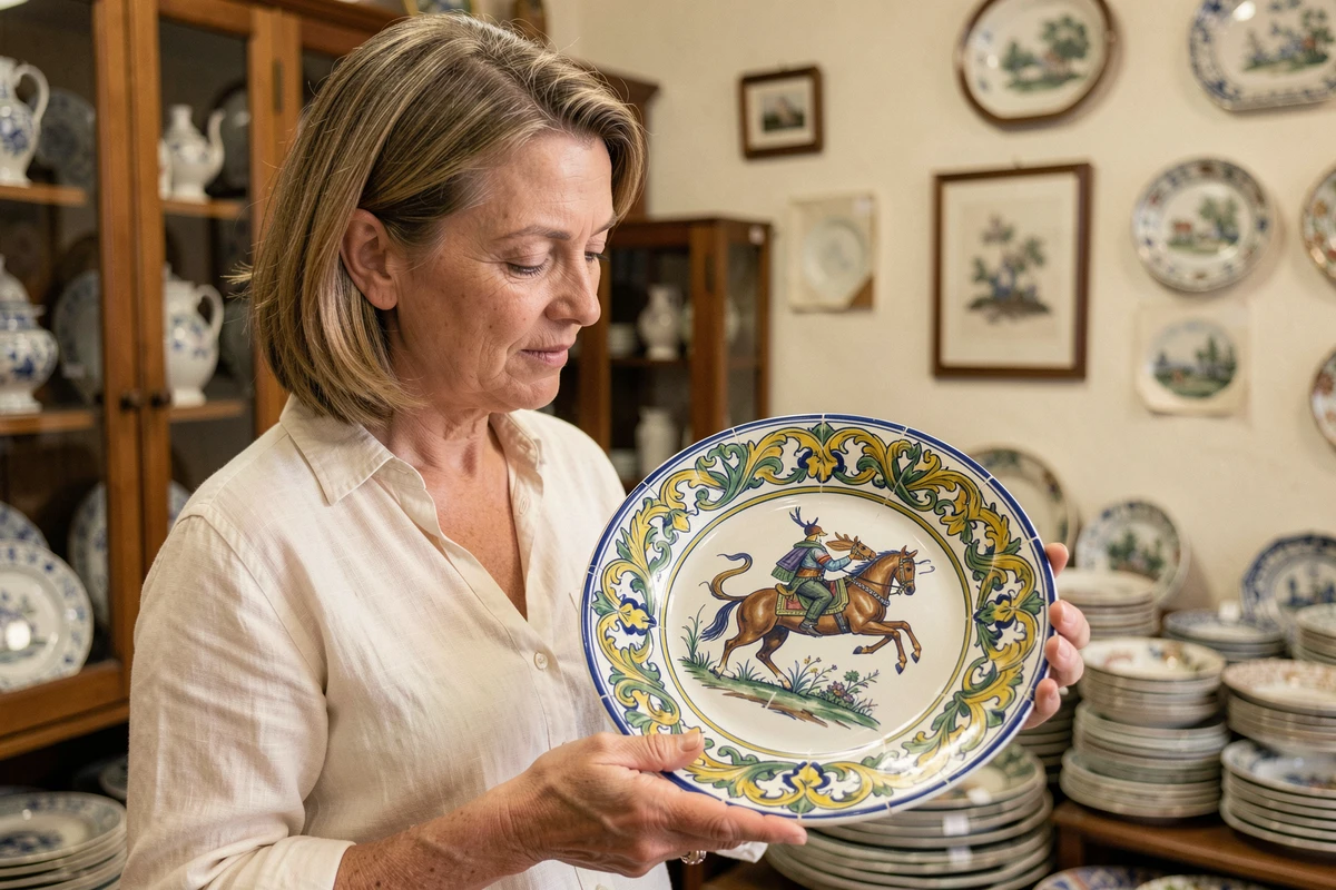 Collectionneuse examinant une assiette de Moustiers en faïence polychrome à décor de chasse dans une boutique d'antiquités provençale