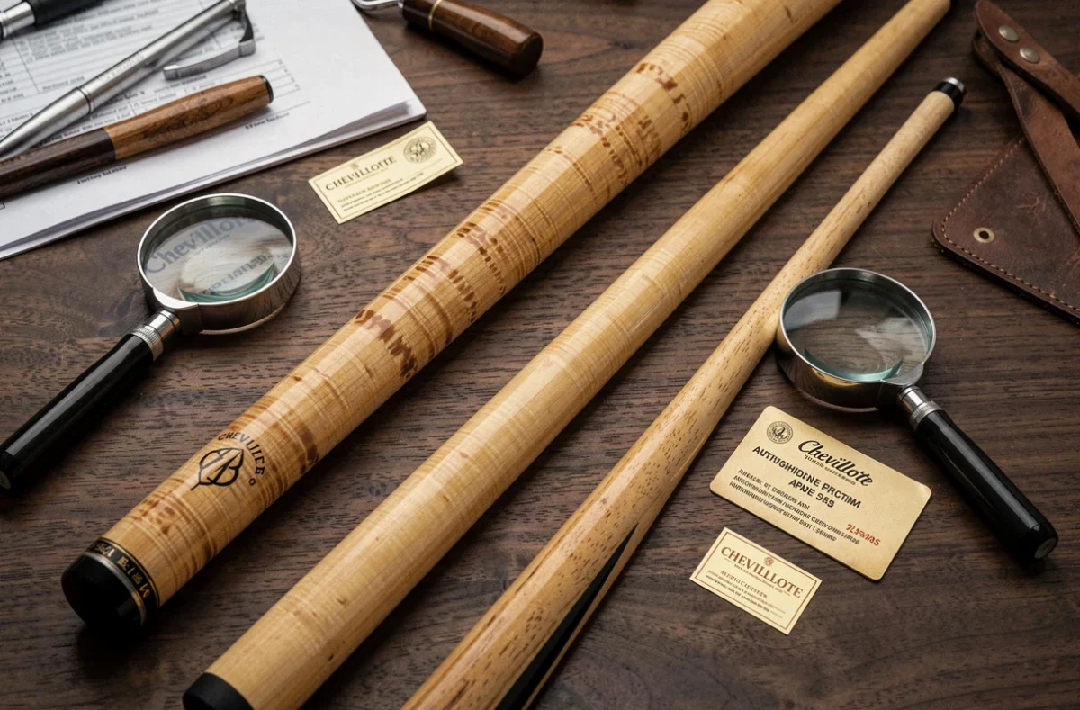 Comparaison côte à côte d'une queue de billard Chevillotte authentique et d'une contrefaçon avec loupe d'inspection et carte d'authenticité