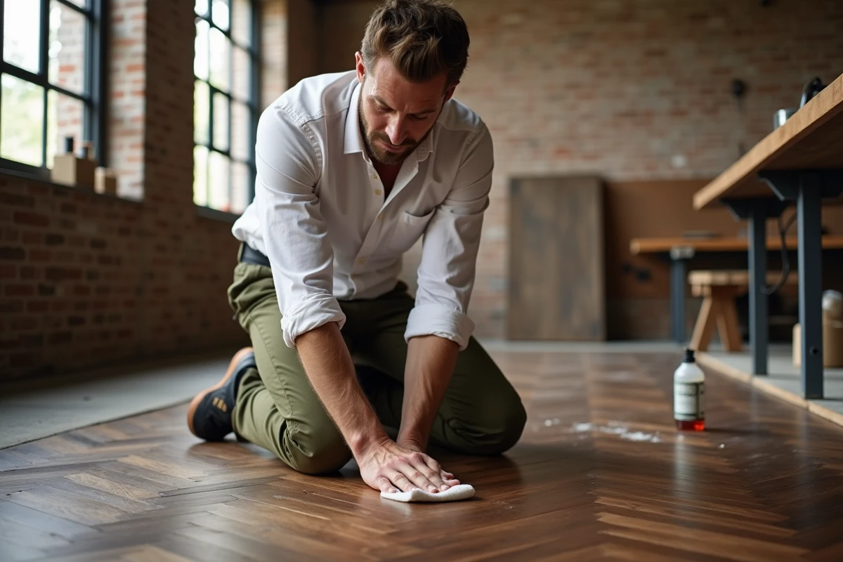 Homme essuyant l'excès d'huile de lin sur un parquet en noyer en chevrons, correction d'une erreur courante d'entretien du bois