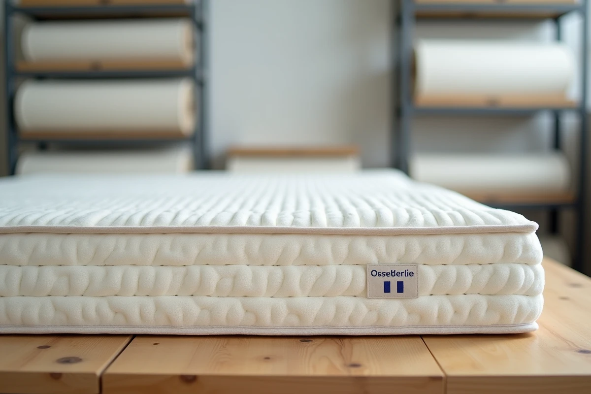 Coupe transversale d'un matelas haut de gamme révélant les couches de mousse et ressorts ensachés, fabrication française