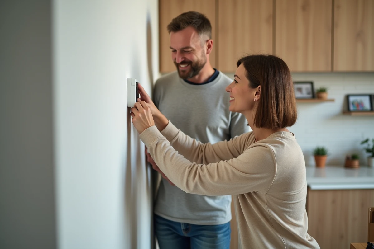Couple adulte installant un thermostat connecté dans un salon moderne