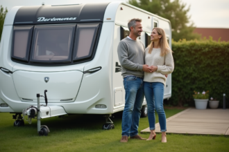 Couple souriant devant leur caravane blanche en campagne