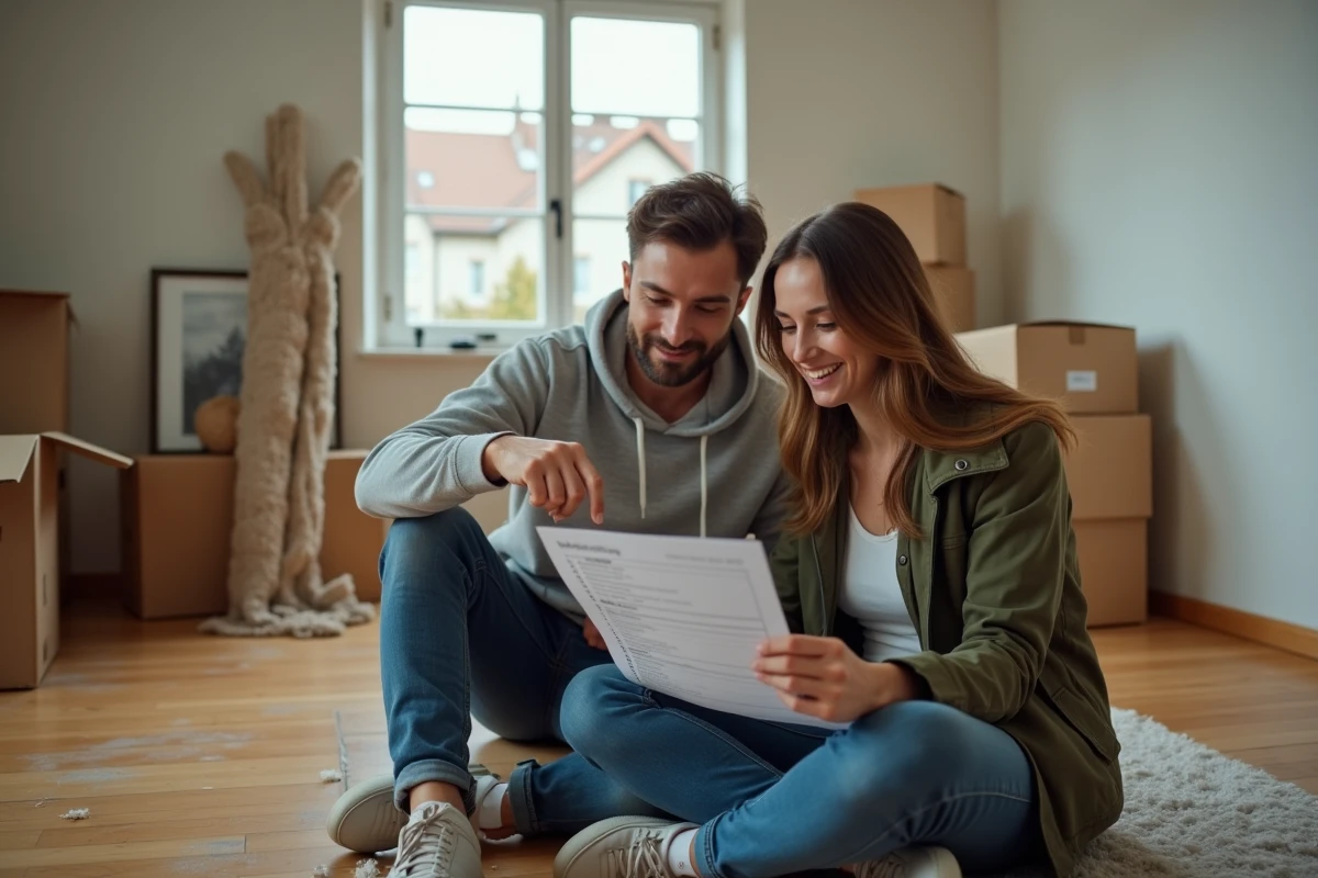 Couple révisant ensemble une checklist de déménagement entouré de cartons dans un salon en cours d'emménagement