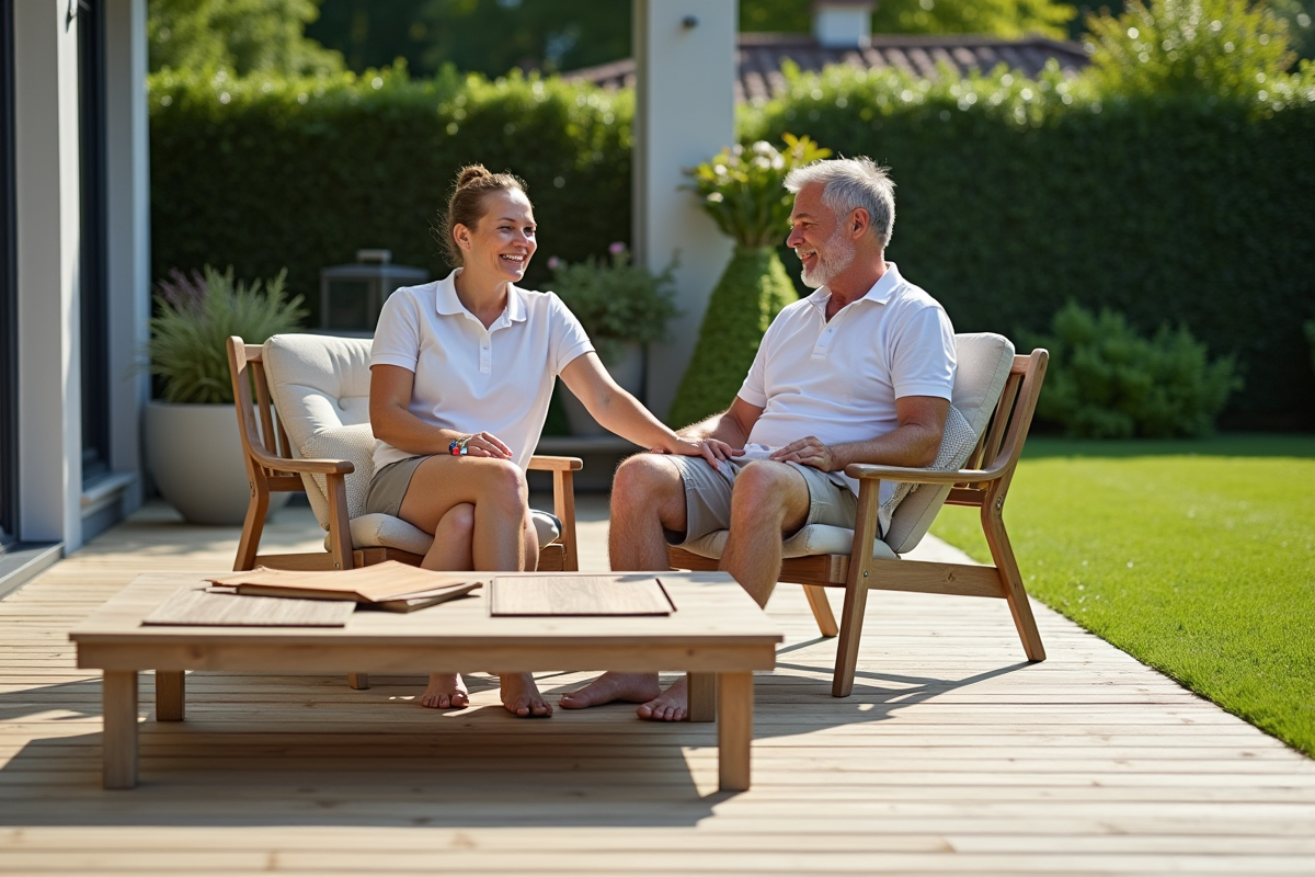 Couple détendu sur terrasse en bois avec échantillons de sol