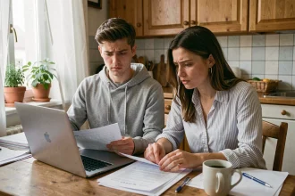 Couple examinant des documents administratifs liés à la prime d'activité et au foyer CAF dans une cuisine d'appartement