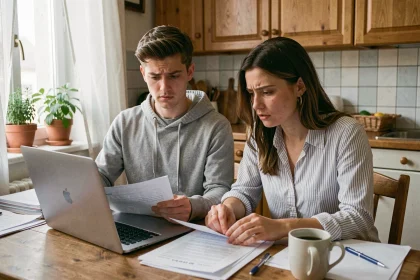Couple examinant des documents administratifs liés à la prime d'activité et au foyer CAF dans une cuisine d'appartement