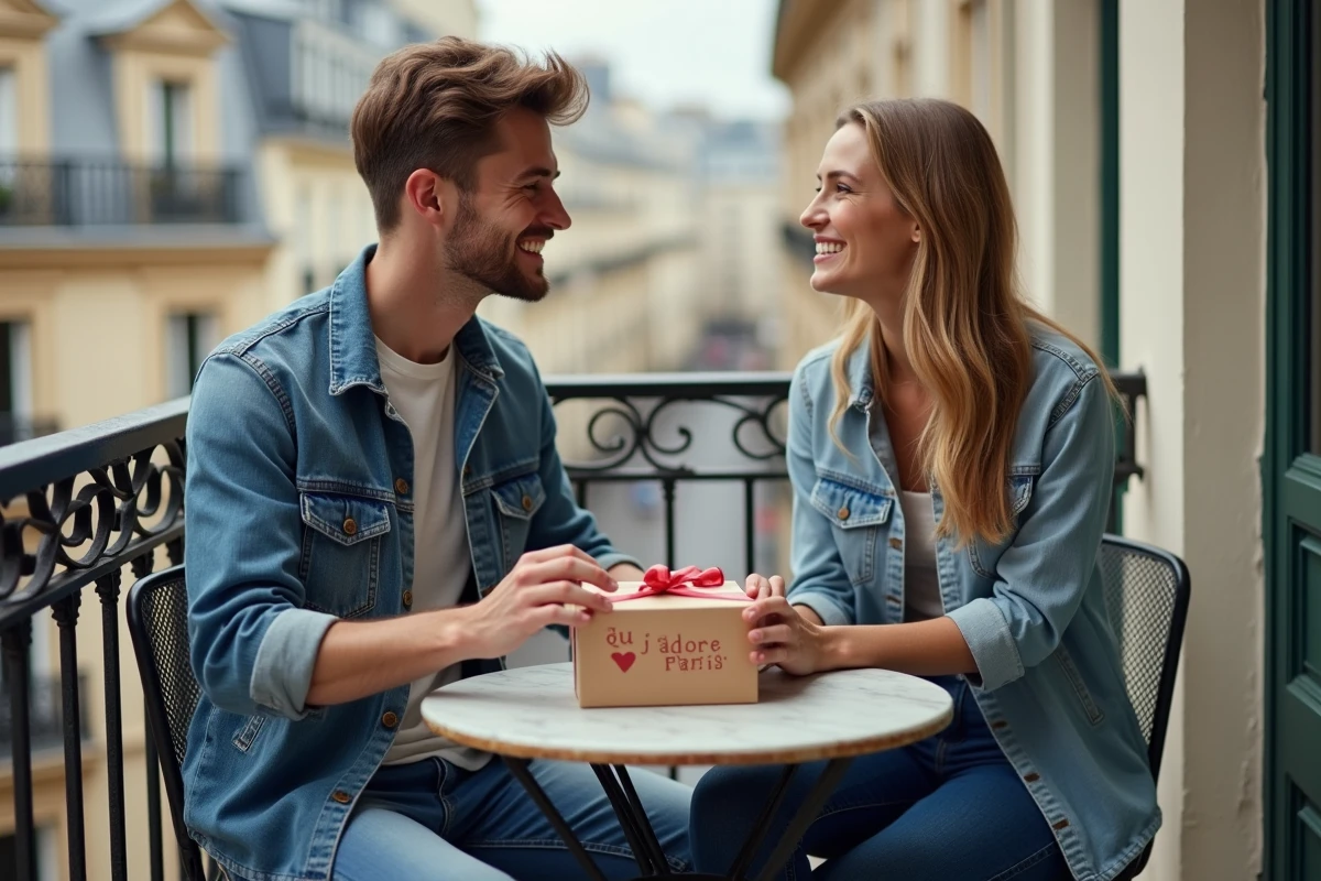 Couple s'offrant une box Que J'adore Paris sur un balcon avec vue sur les toits parisiens