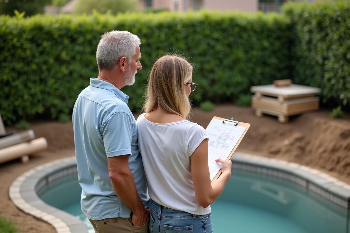 Couple en été planifiant la construction d'une piscine