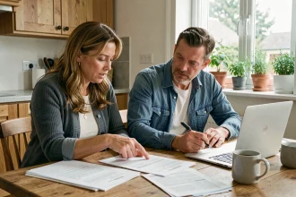 Couple de propriétaires examinant des documents d'assurance habitation à une table en bois dans leur cuisine moderne
