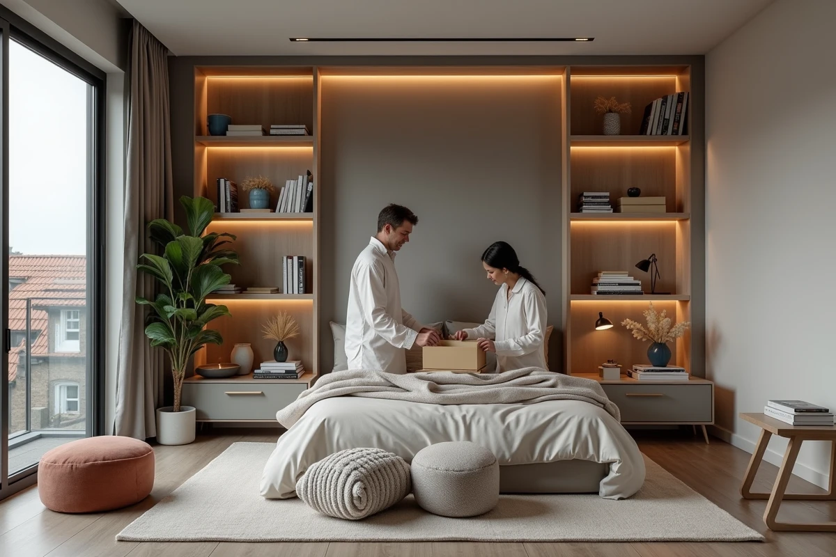 Couple arrangeant des livres sur des étagères dans une chambre