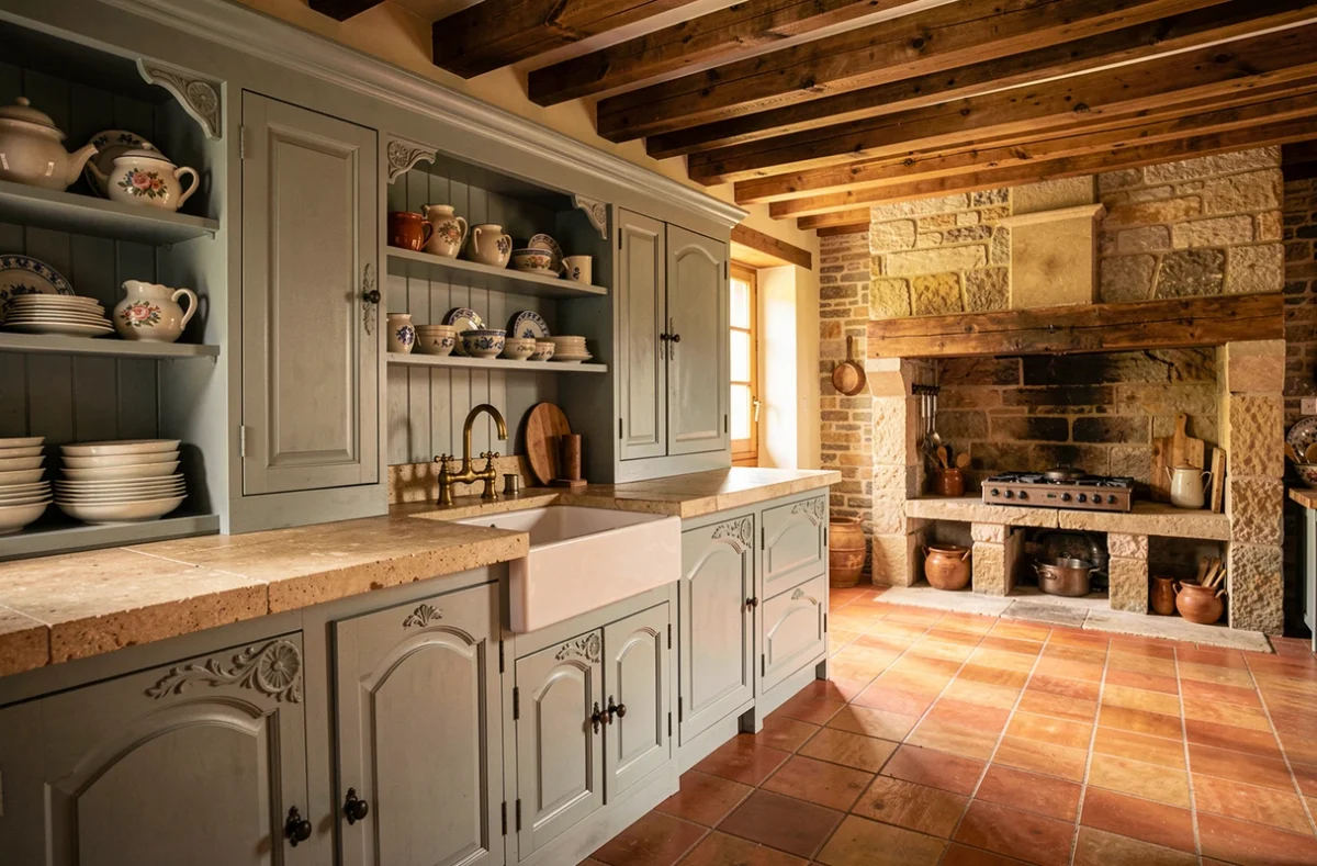 Cuisine Arthur Bonnet style campagne française traditionnelle en bleu-gris avec évier en porcelaine et poutres apparentes