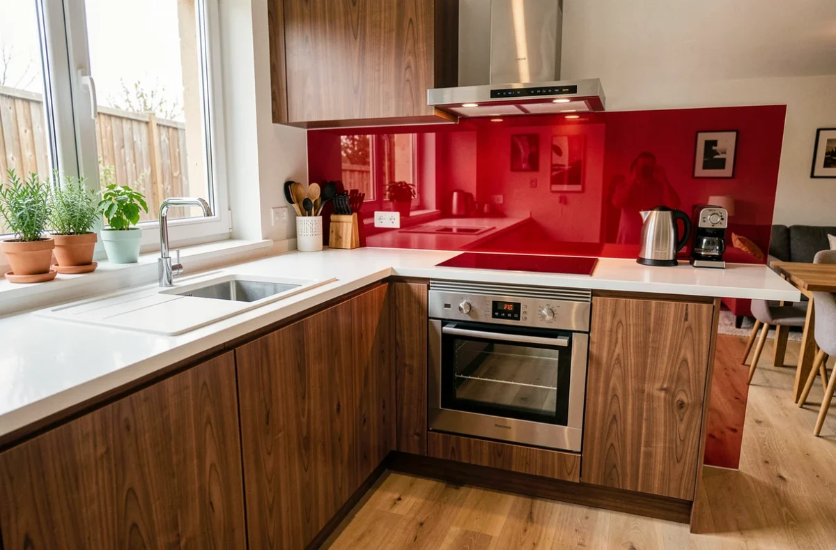Cuisine Cuisines AvivA avec façades noyer et crédence en verre rouge dans un appartement en Île-de-France