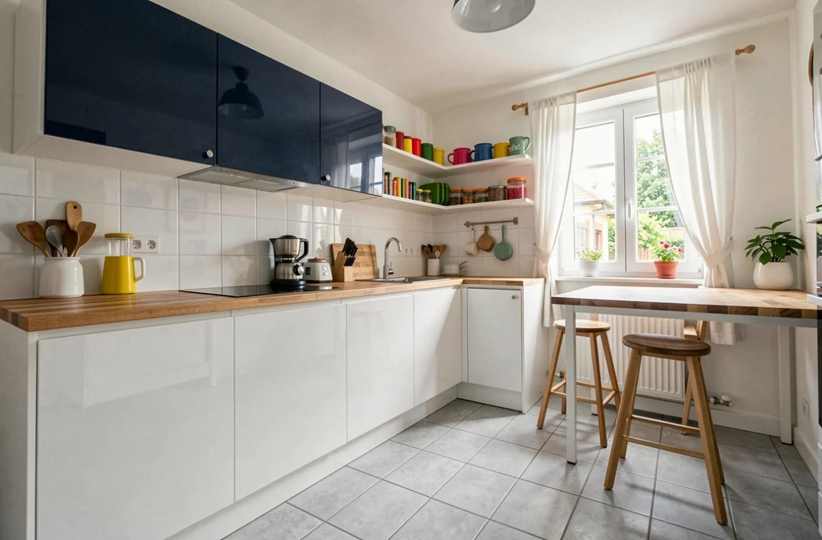 Cuisine Cuisinella accessible en blanc et bleu marine avec plan de travail en bois dans une maison de banlieue parisienne