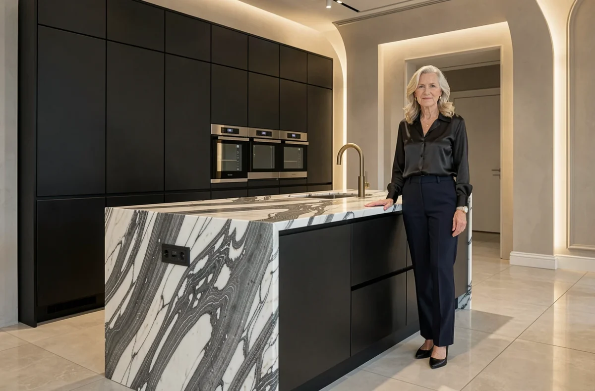 Cuisine premium de marque à Lille avec façades noir mat ultra-laqué et îlot en marbre veiné book-matched